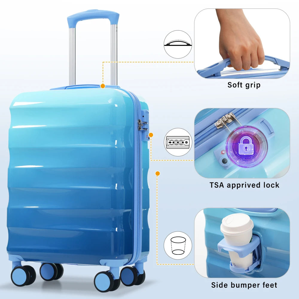 20" Carry-on Luggage with Cup Holder  Lightweight Glossy Hardshell Suitcases with Spinner Wheels, TSA Lock, Approved,2 Piece Set
