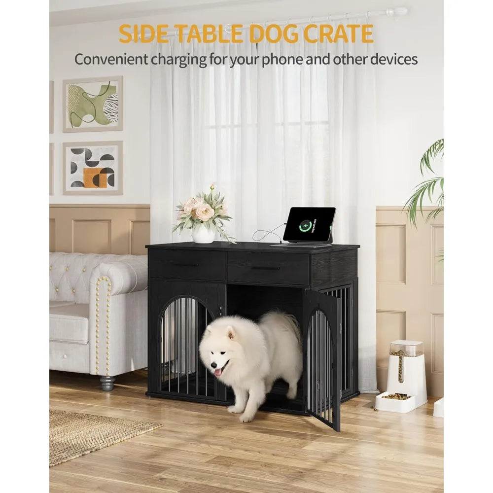 39.4'' large dog crate furniture with 2 storage drawers, heavy duty dog kennel indoor with charging station, wooden dog cage end