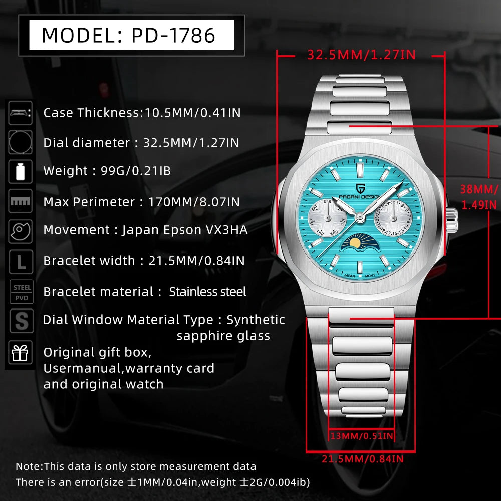 2024 New PAGANI DESIGN Men's Watches Moon Phase Quartz Watch For Men Automatic Wristwatch Sapphire Mirror Waterproof Clock Gift