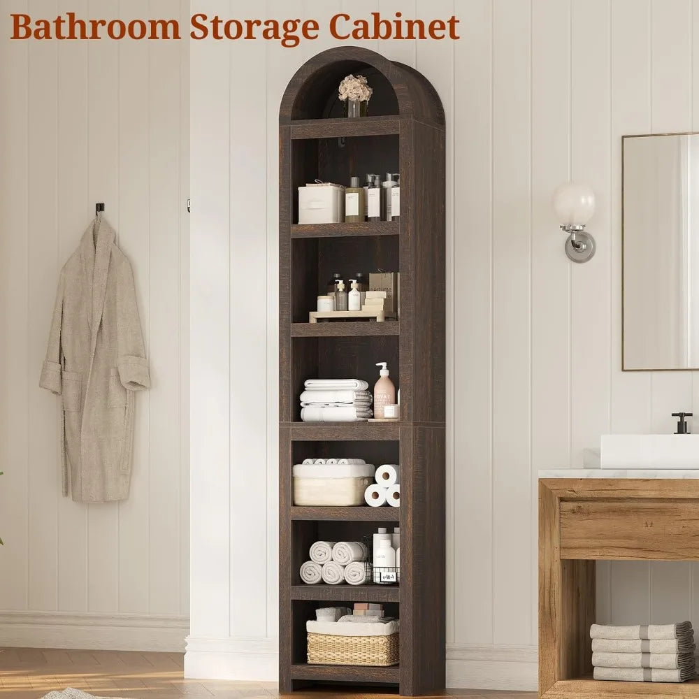 76" high 3-tier slim arched bookshelf - modern adjustable shelving for living room storage