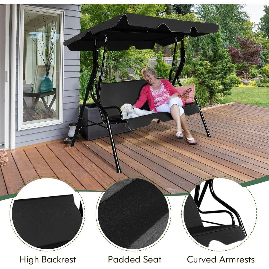 3 Person Outdoor Porch Swing with Removable Cushion and Adjustable Canopy for Patio Garden Courtyard and Poolside Use Heavy Dut