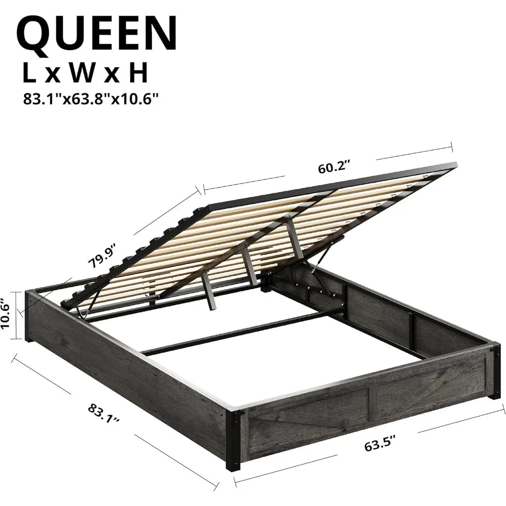 Farmhouse Style Queen Bed Frame with Lift Storage, Wooden Slat Support, Sturdy and Quiet, Easy Assembly