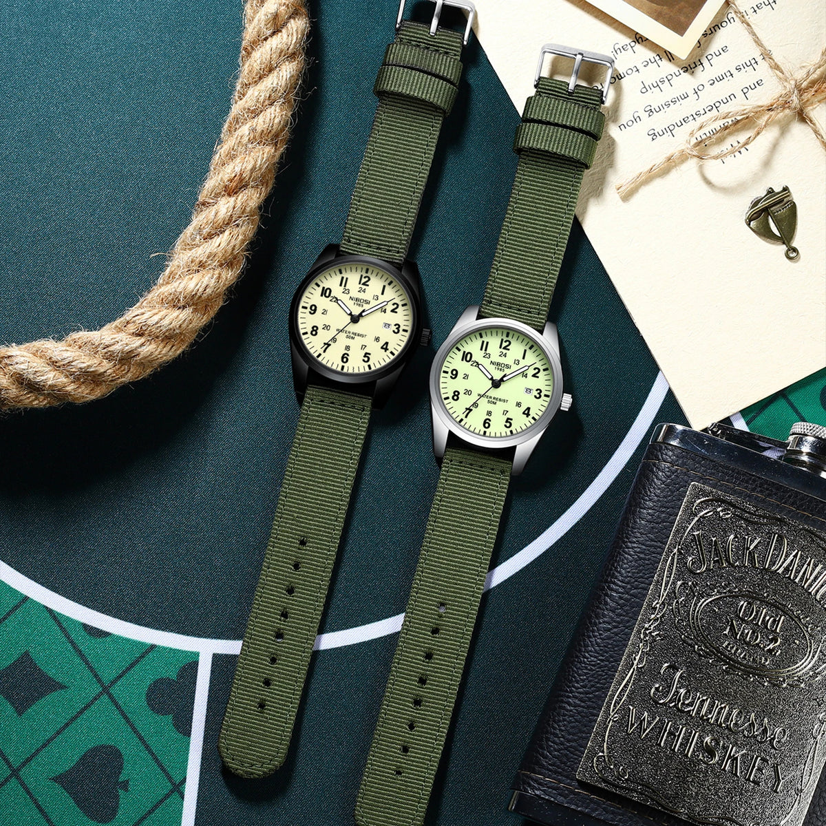 NIBOSI Mens Watches Analog Military Watch with Calendar Luminous Dial Green Nylon Strap Waterproof Men's Wrist Watches Vintage