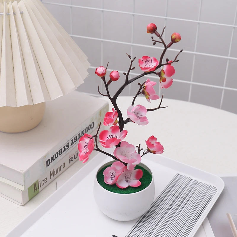 Simulation Plum Flower Pot Plant Artificial Plastic Fake Flowers Home Office Desktop Ornaments Wedding Party Background Decor