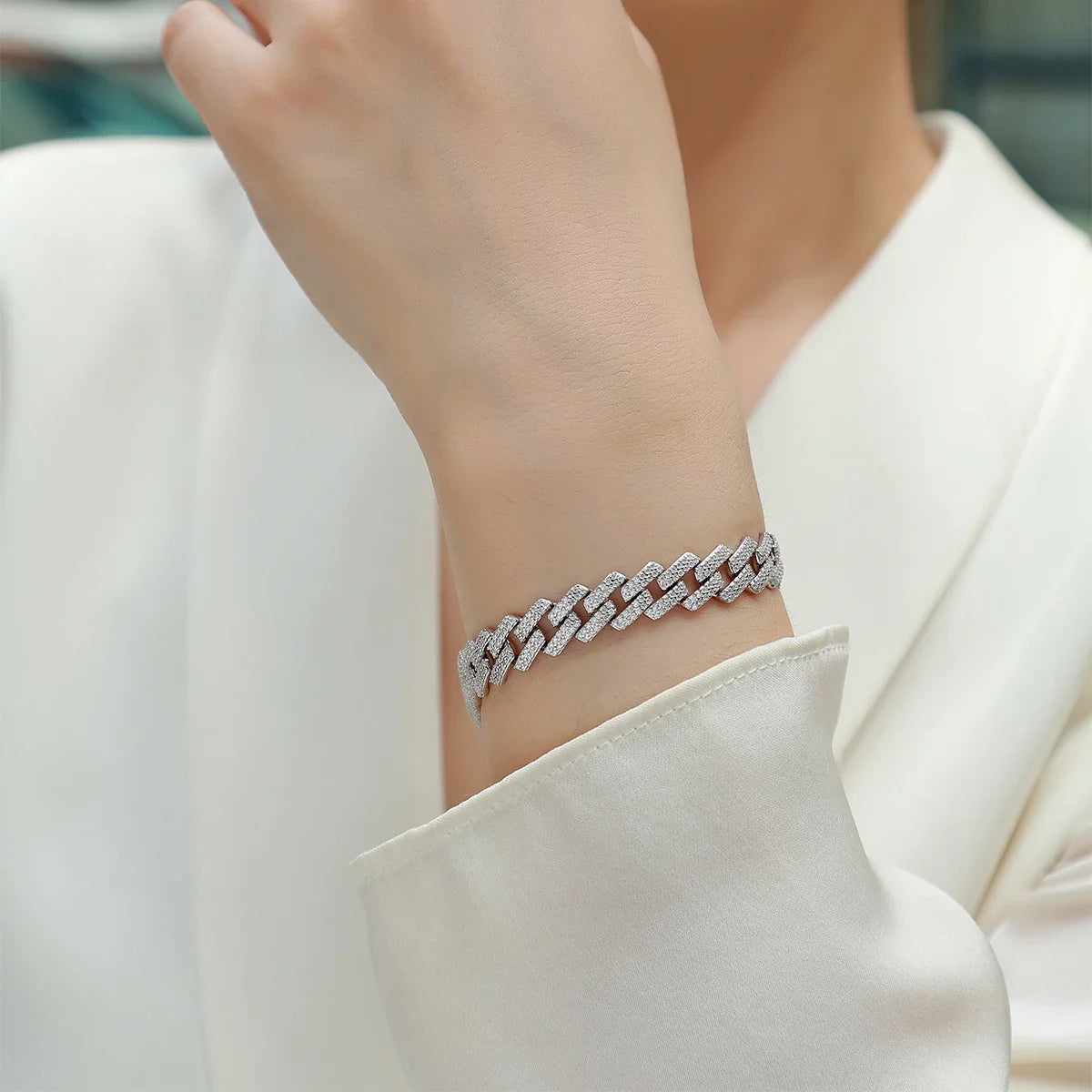 JIUZUAN Unisex Moissanite Cuban Bracelet 925 Silver 18K Gold Plated Width 10 14mm Adjustable Length Gift GRA Certificate