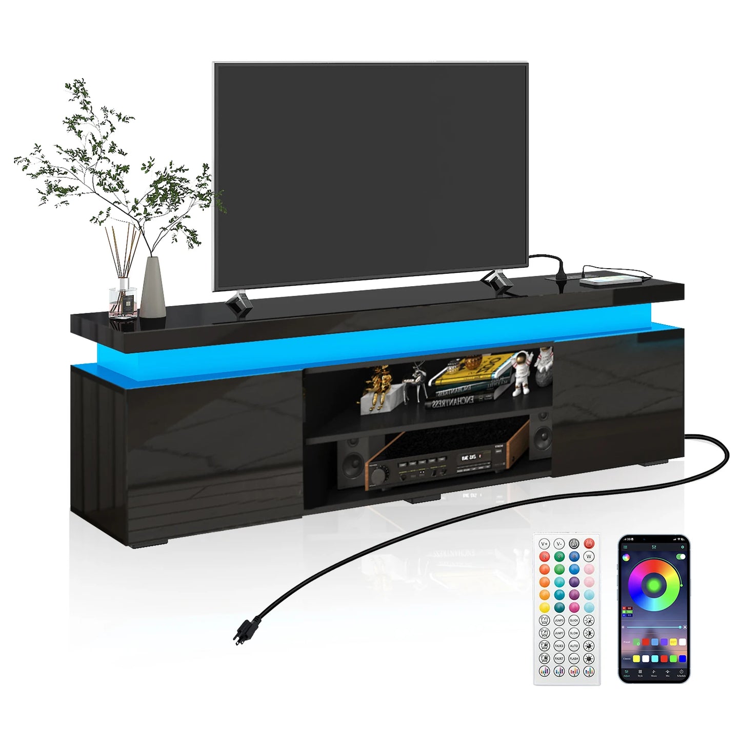 66 Inch LED TV Stand for 70/75 Inch TV, Modern Gaming TV Cabinet with Power Outlet, High Gloss Entertainment Center with Storage