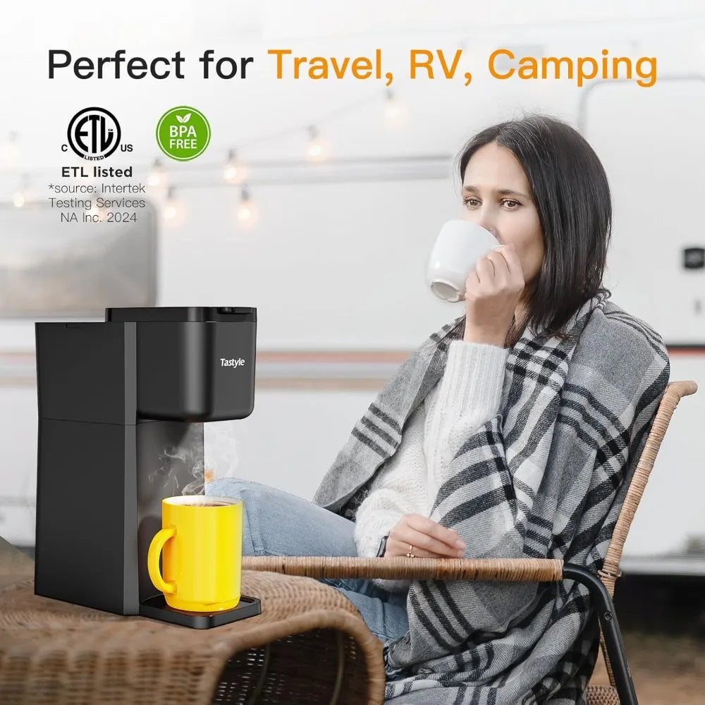 Mini Hot and Iced Coffee Maker Single Serve, for K Cup and Ground, 6 to 14 Oz Brew Sizes, with Recipe Book, for Home, Travel, RV