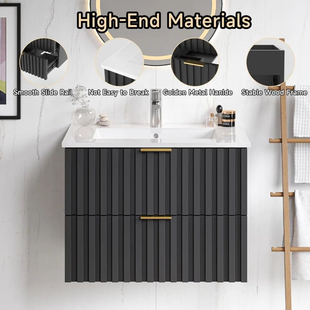 24 Inch Bathroom Vanity with Sink Combo, Floating Bathroom Vanity with 2 Fluted Drawers & Metal Handle,Modern Wall Mount Storage