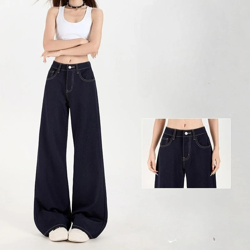 Summer Women's Wide Leg Jeans Retro Patchwork Solid Baggy Straight Leg Denim Adjustable Waist High Quality