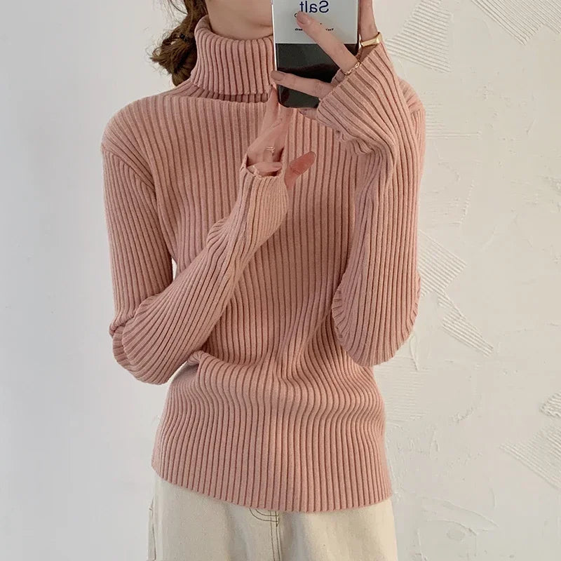 Autumn Winter Warm Thick Women Sweater Pullover Basic Korea Ribbed Sweaters Cotton Tops Knitted Solid Turtleneck with Thumb Hole