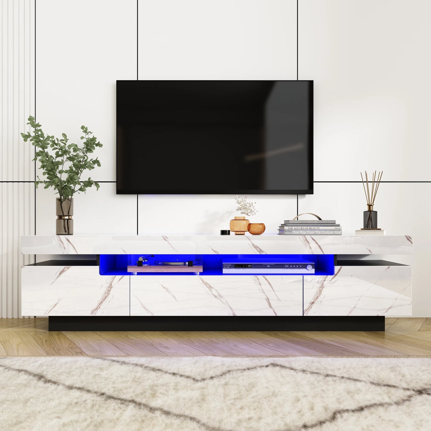 71In LED TV Stand for 75/80 Inch TV, Modern Gaming TV Cabinet for Living Room, High Gloss Entertainment Center with Storage
