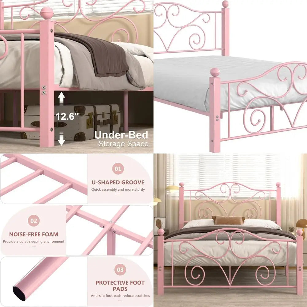 Queen Size Metal Bed Frame with Headboard & Footboard, Slat Support, No Box Spring, Easy Assembly, Light Pink