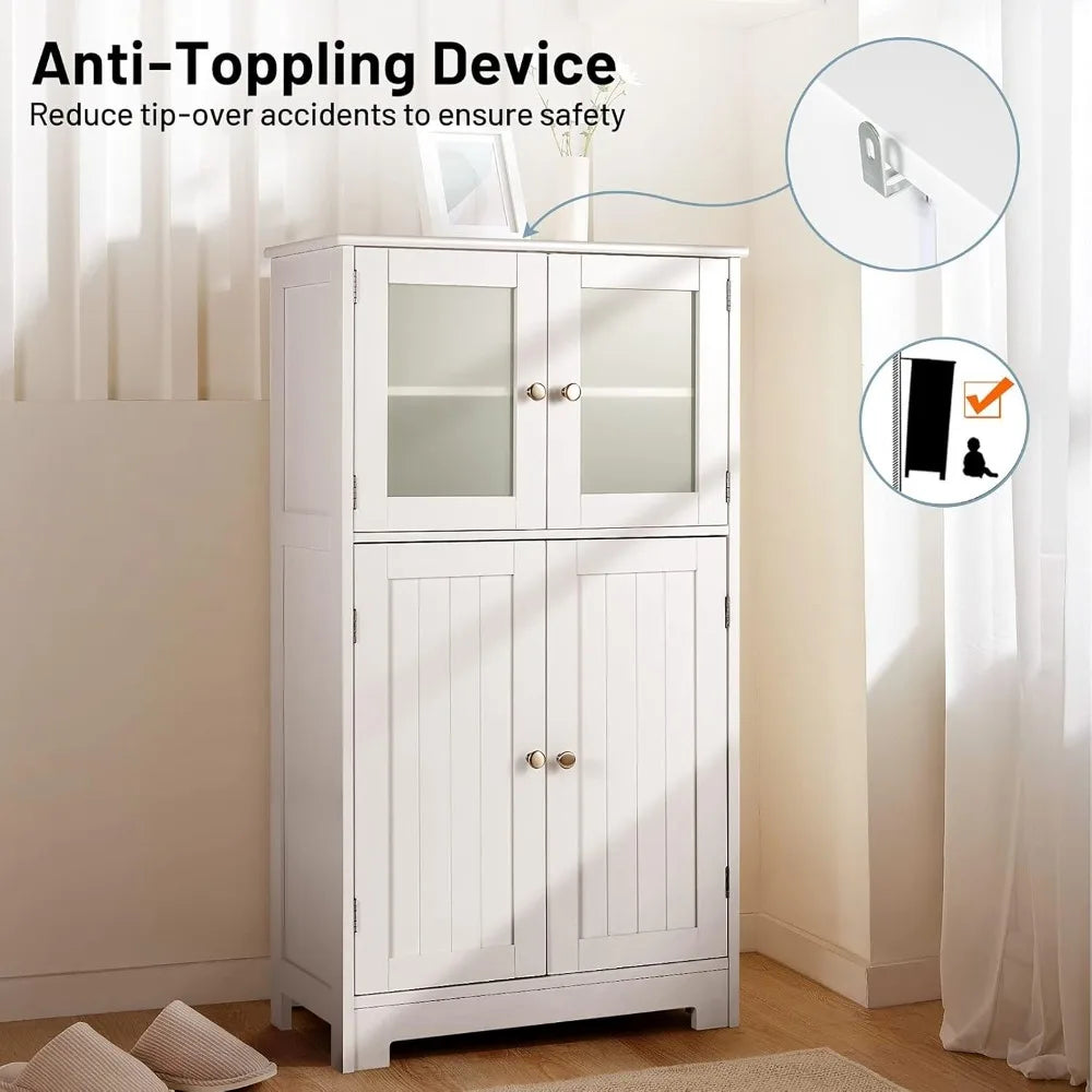 Bathroom Floor Cabinet, Freestanding Storage Cabinet w/Glass Doors, Wood Kitchen Cupboard w/Adjustable Shelf, Bathroom
