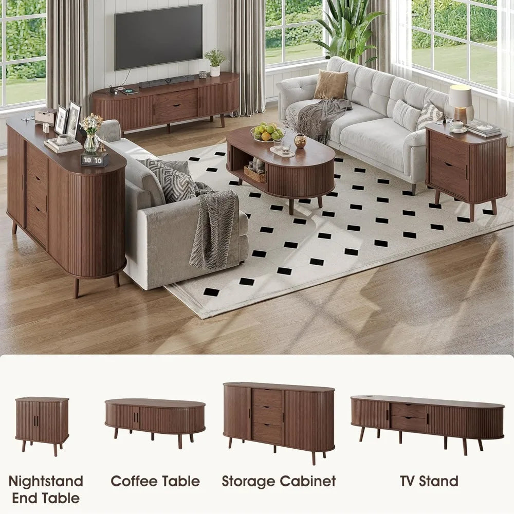 mid-century modern coffee table with sliding door and fluted hidden storage