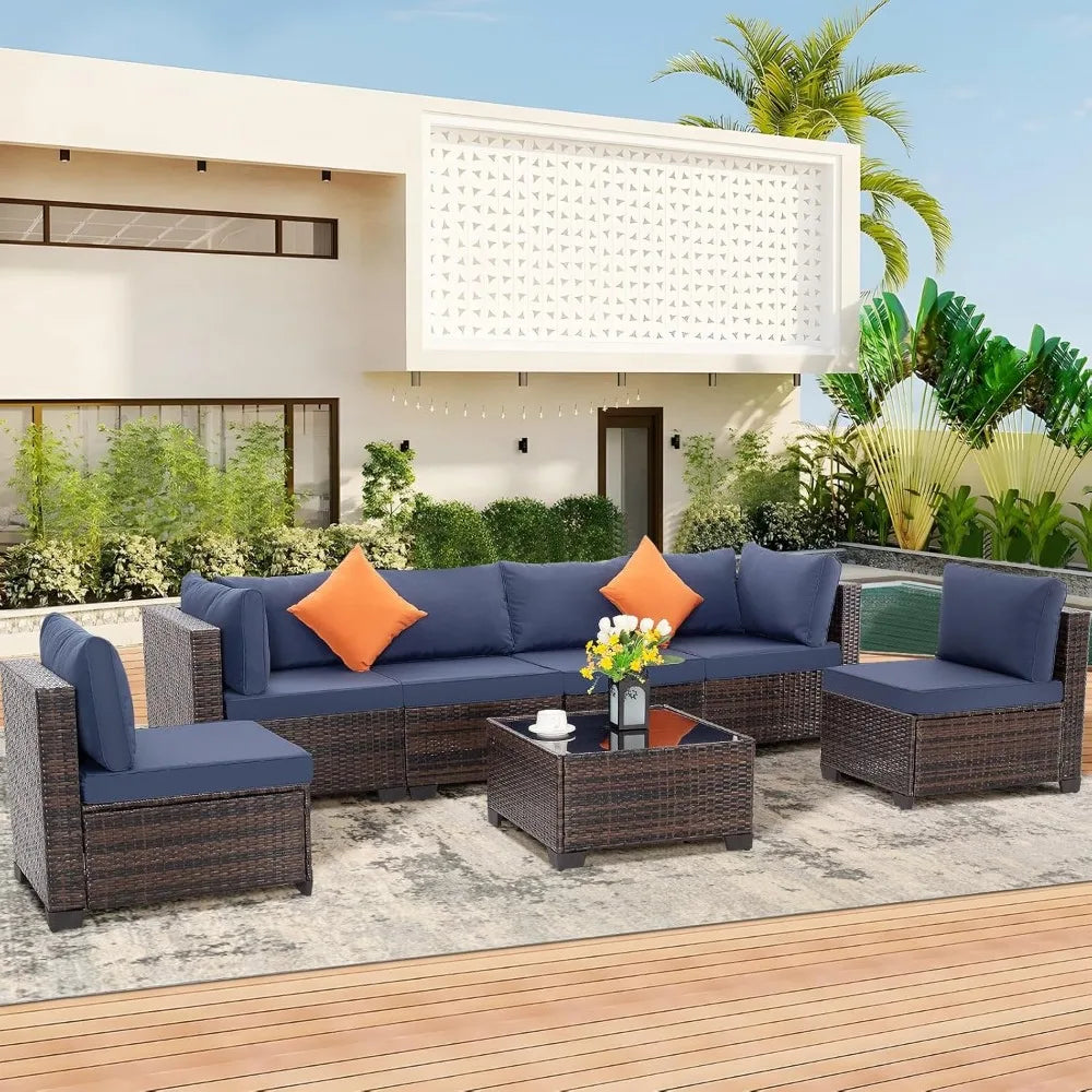 7 pieces outdoor patio furniture set, wicker sectional sofa set rattan modular patio conversation sets with cushions couch set &