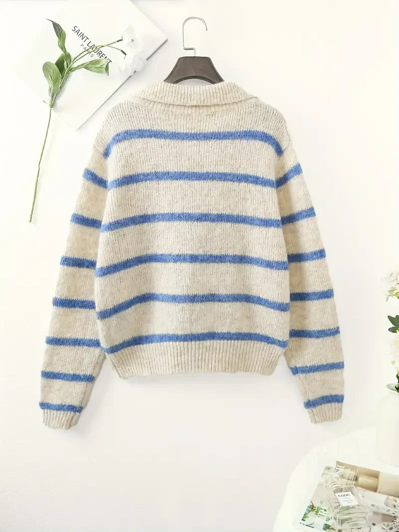 Women's Fashion Casual POLO Collar Striped Knitted Hoodie Soft and Comfortable Intercolor Sweater