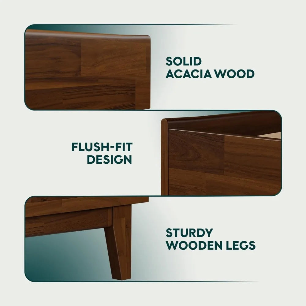 Acacia Wood Modern Low Profile Bed Frame, Queen Size, Without Headboard