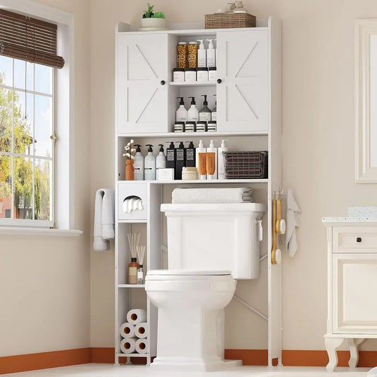 White Farmhouse-Style Metal Frame Toilet Storage Cabinet with 7 Adjustable Shelves and Paper Holder for Bathroom & Laundry Organ