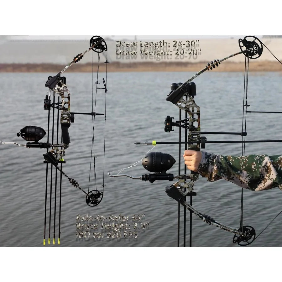 Compound Bow Fishing Combo Kit - 20-70 LBS Hunting Bow with Bowfishing Arrow and Fishing Reel for Bowfishing Archery Hunting Co