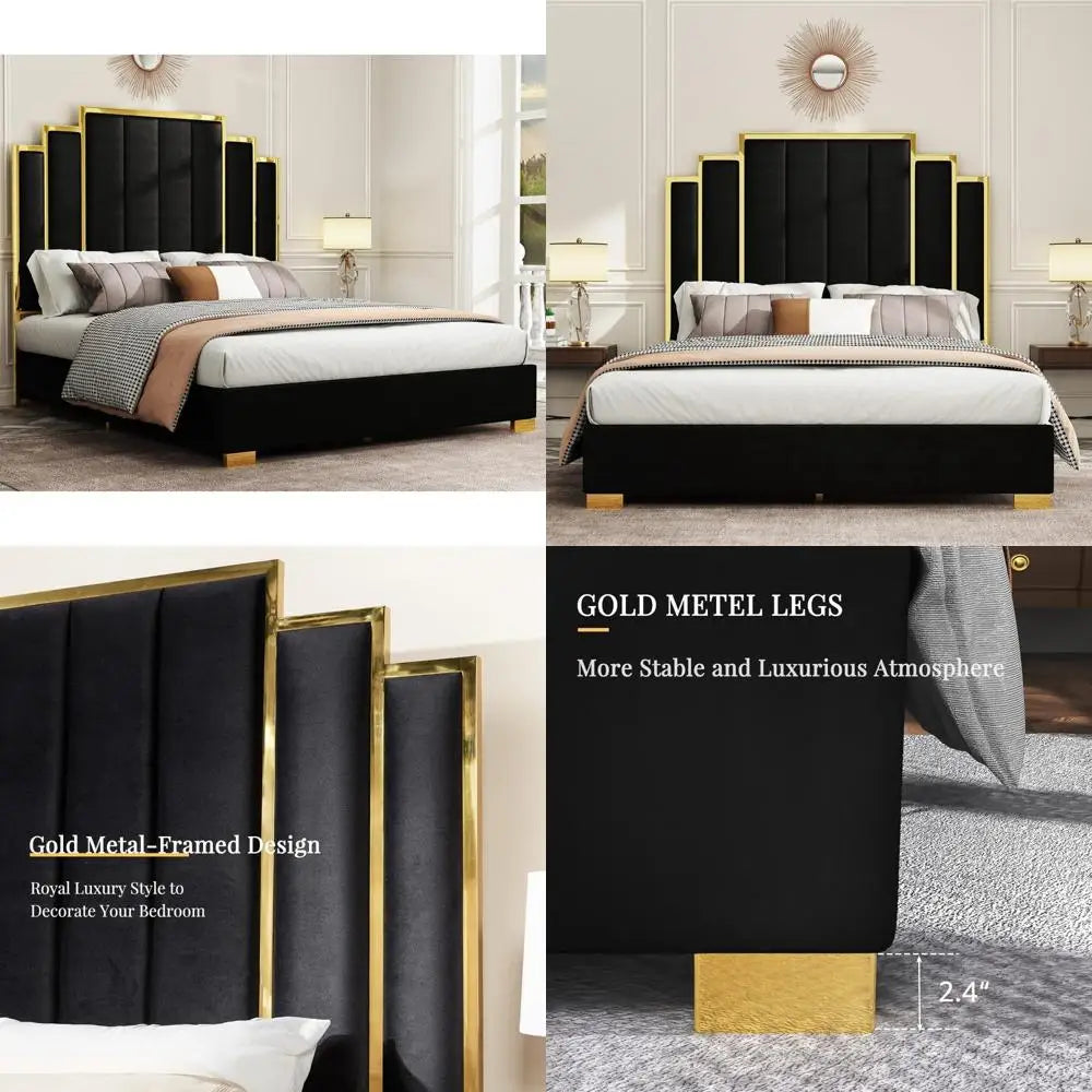 Albott Queen Size Platform Bed Frame, 61.4 Velvet Upholstered Bed with Gold Trim Headboard/Wooden Slats/No Box Spring Needed/Bla