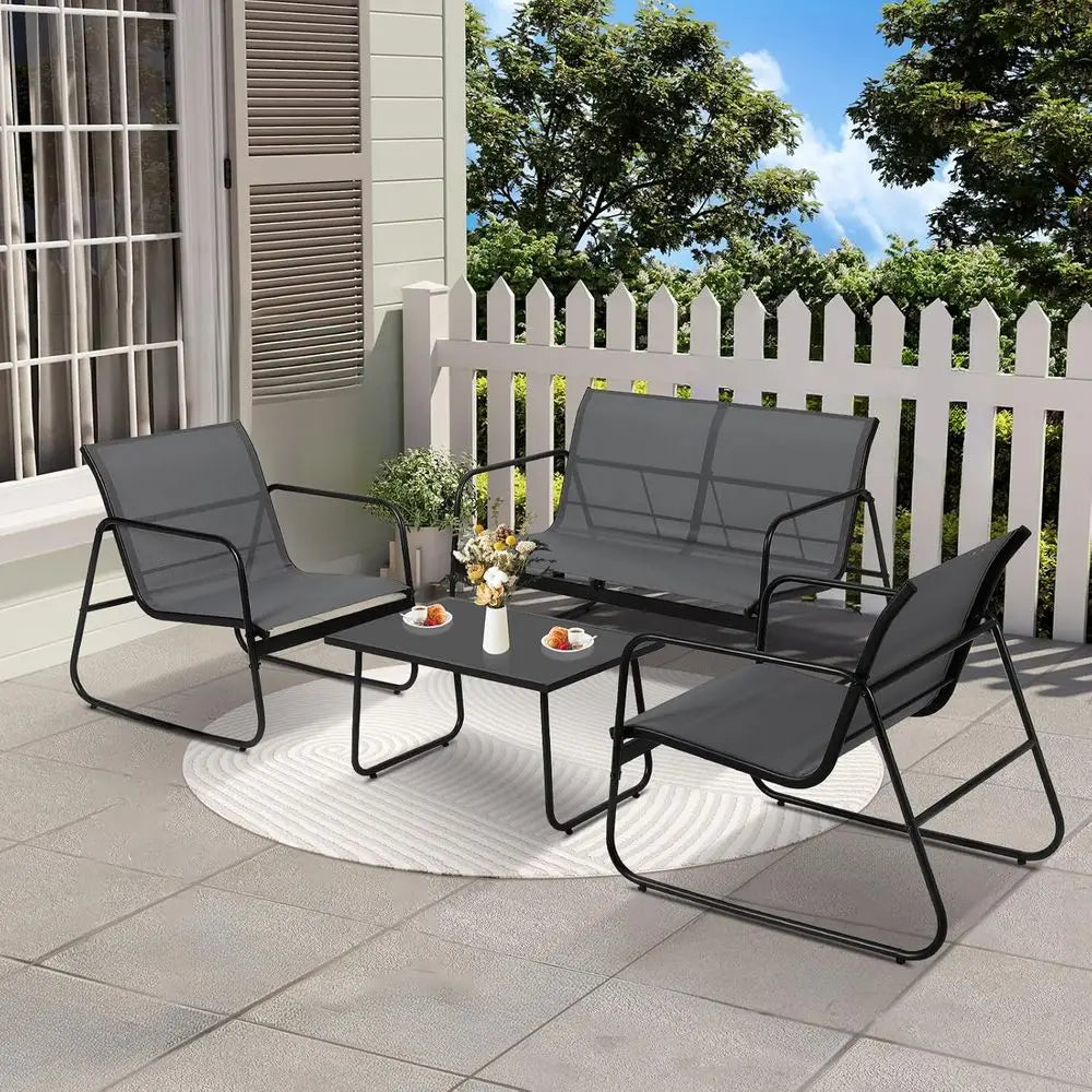 Rustproof Metal Patio Set: Loveseat, 2 Chairs, Glass Table for Outdoor Spaces