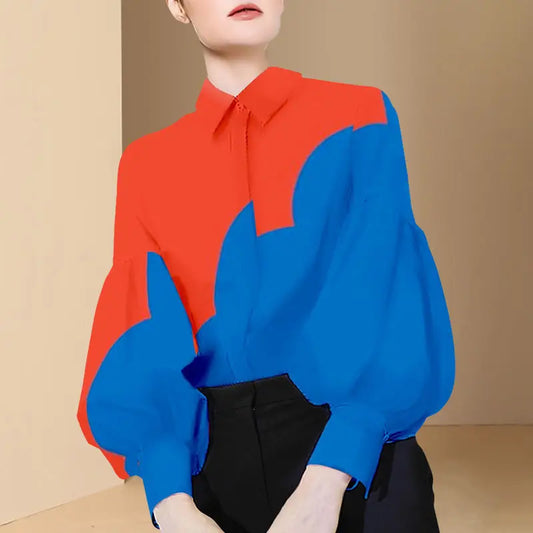 Women's Clothing Vintage Contrast Color Patchwork Shirt Chic Lantern Long Sleeve Commute Blouse Y2K Harajuku Loose Tops Camisas