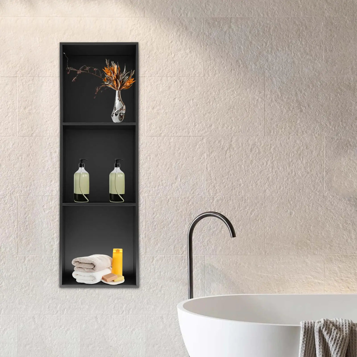 Stainless Steel Shower Niche 11" X 35" with 3 Shelves, Recessed Wall Niche Organizer for Bathroom, Kitchen, Balcony (Black)