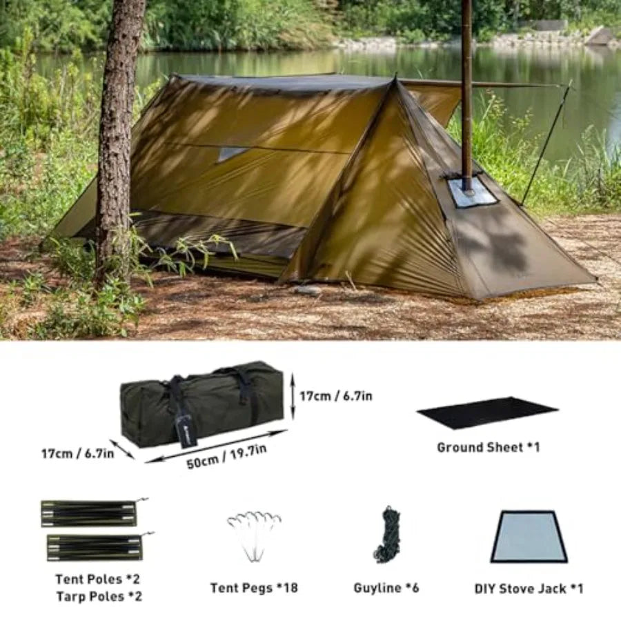 Hot Tent Bushcraft Tent STOVEHUT 20 2.0 Ultralight Shelter with 4 Poles for 12 Person Camping Backpacking Brown