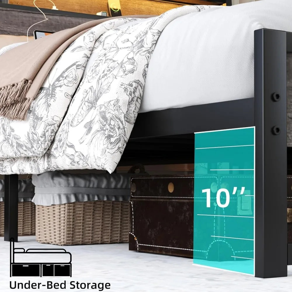 Twin Size Bed Frame with Built-in Charging Port and LED Lighting, Twin Bed Platform with Storage Headboard and Strong Steel Slat