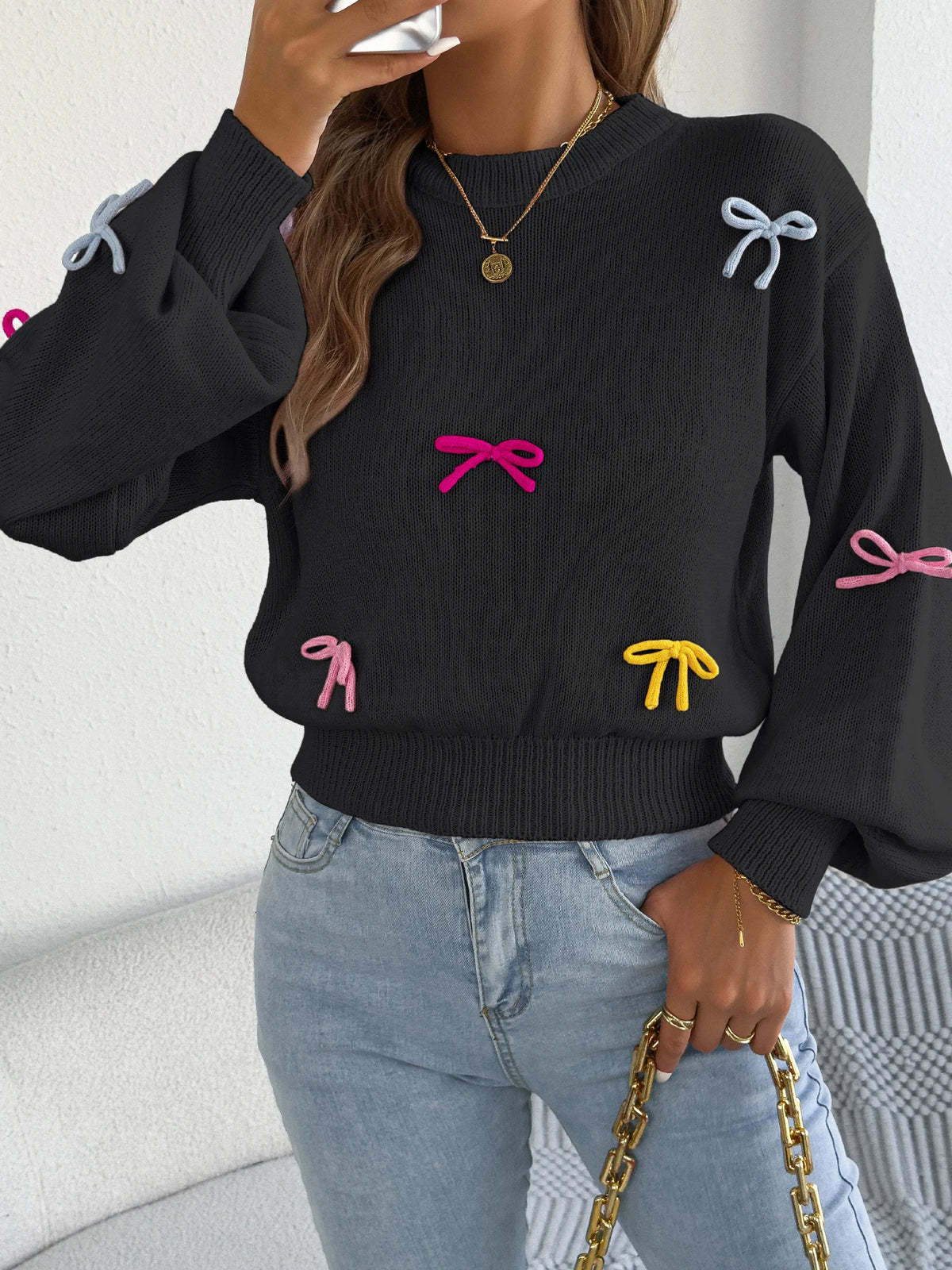 2025 Fashion Contrast Color Bows Knitted Sweaters Round Neck Lantern Long Sleeve Tops for Autumn Winter Casual Women Clothes