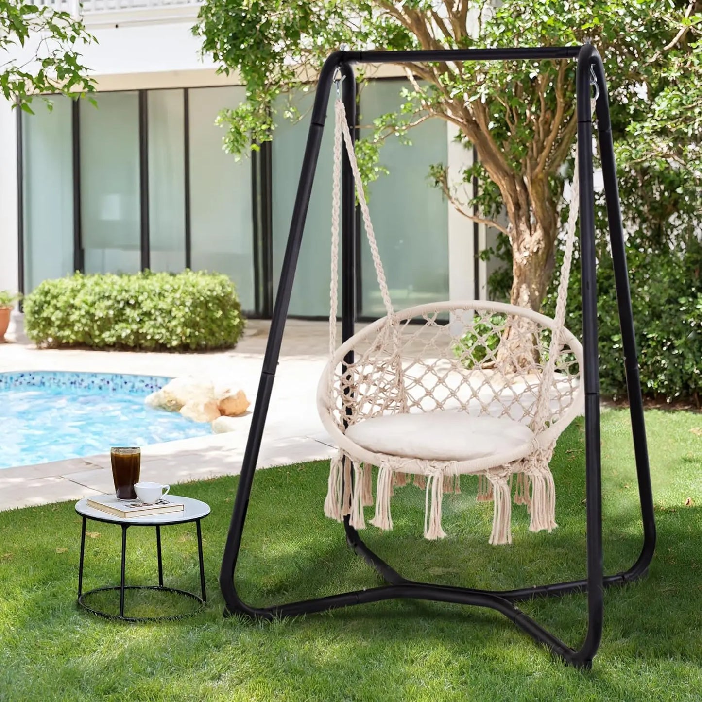 Patio Swing Chair with Stand and Cushion, Heavy Duty Hanging Chair with Stand for Bedroom, 330 lbs Capacity, Patent Pending,
