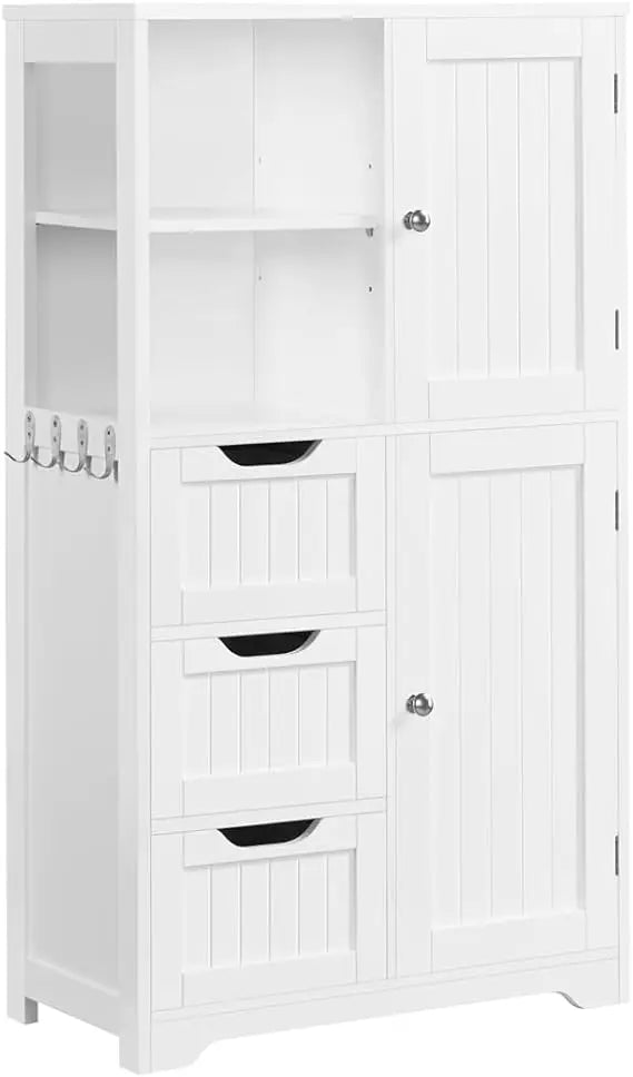 Bathroom Floor Cabinet 42″, Freestanding Storage Cabinet with 3 Drawers, 2 Open Shelves and 2 Doors, Wooden Storage Organizer w