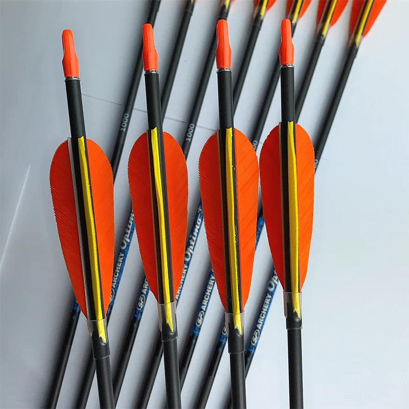 12Pcs Carbon Arrows Archery SP600-900 30'' ID4.2mm 3" Turkey Fearther Vanes 80gr for Recurve Bow Hunting