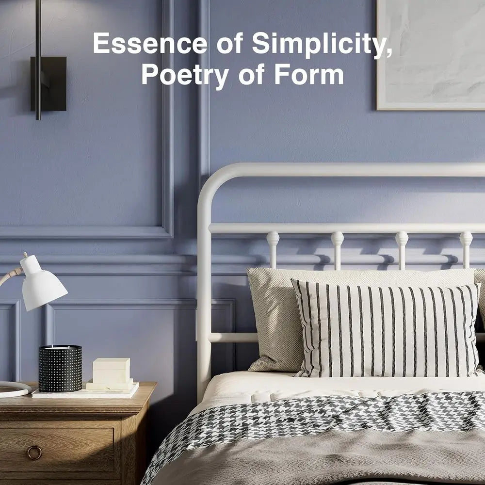Queen Size Modern Victorian Metal Bed Frame - Sleek Minimalist Style, Headboard/Footboard, Steel Slats, Storage, Easy Assembly,