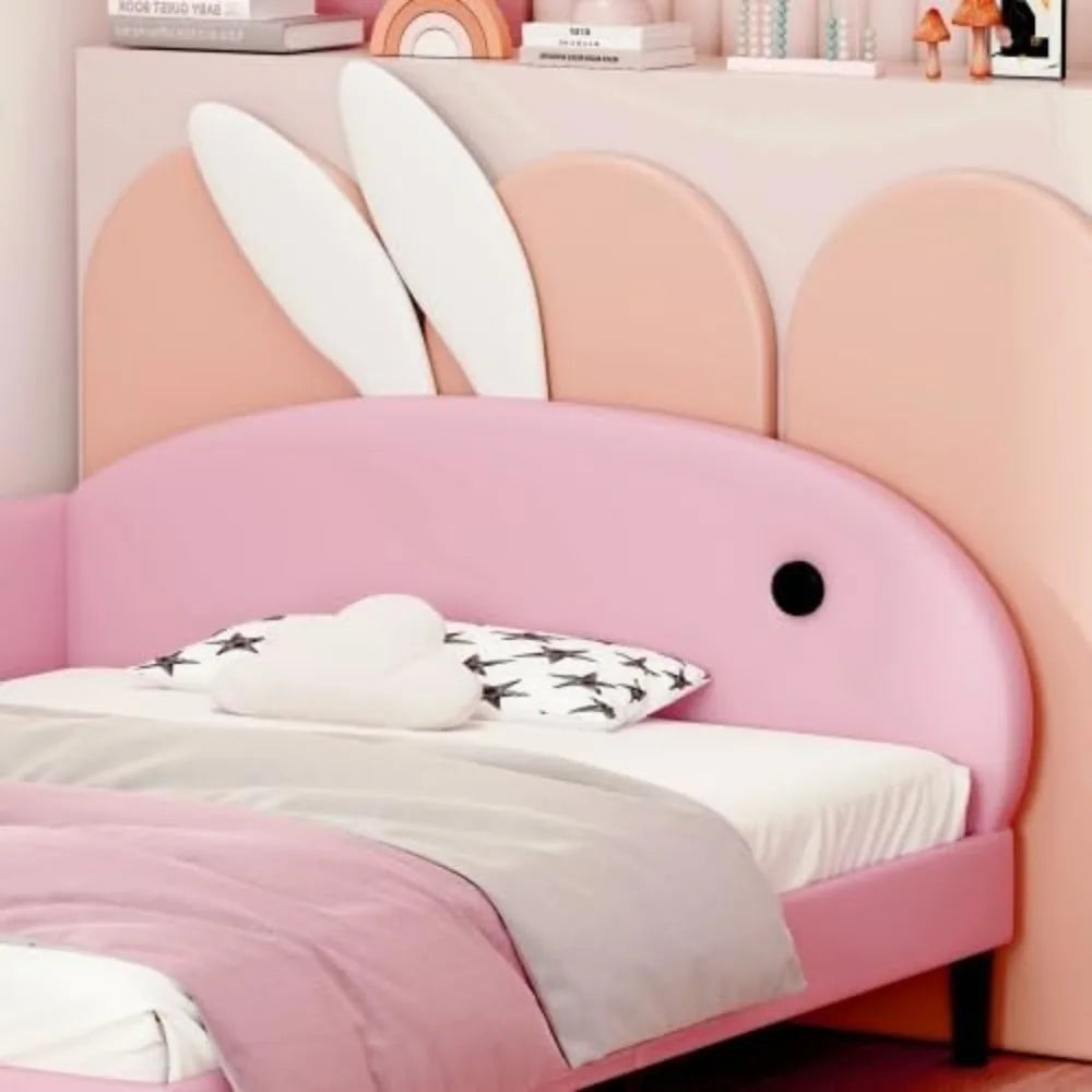 Upholstered Rabbit Ear Headboard Kids Daybed, Full Size Bed Frame for Girls in Pink