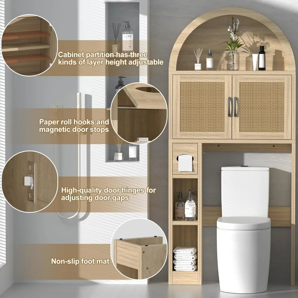 Freestanding Bathroom Storage Cabinet with Adjustable Shelf and Anti-Tip Feature, Over-the-Toilet Organizer Arched Design