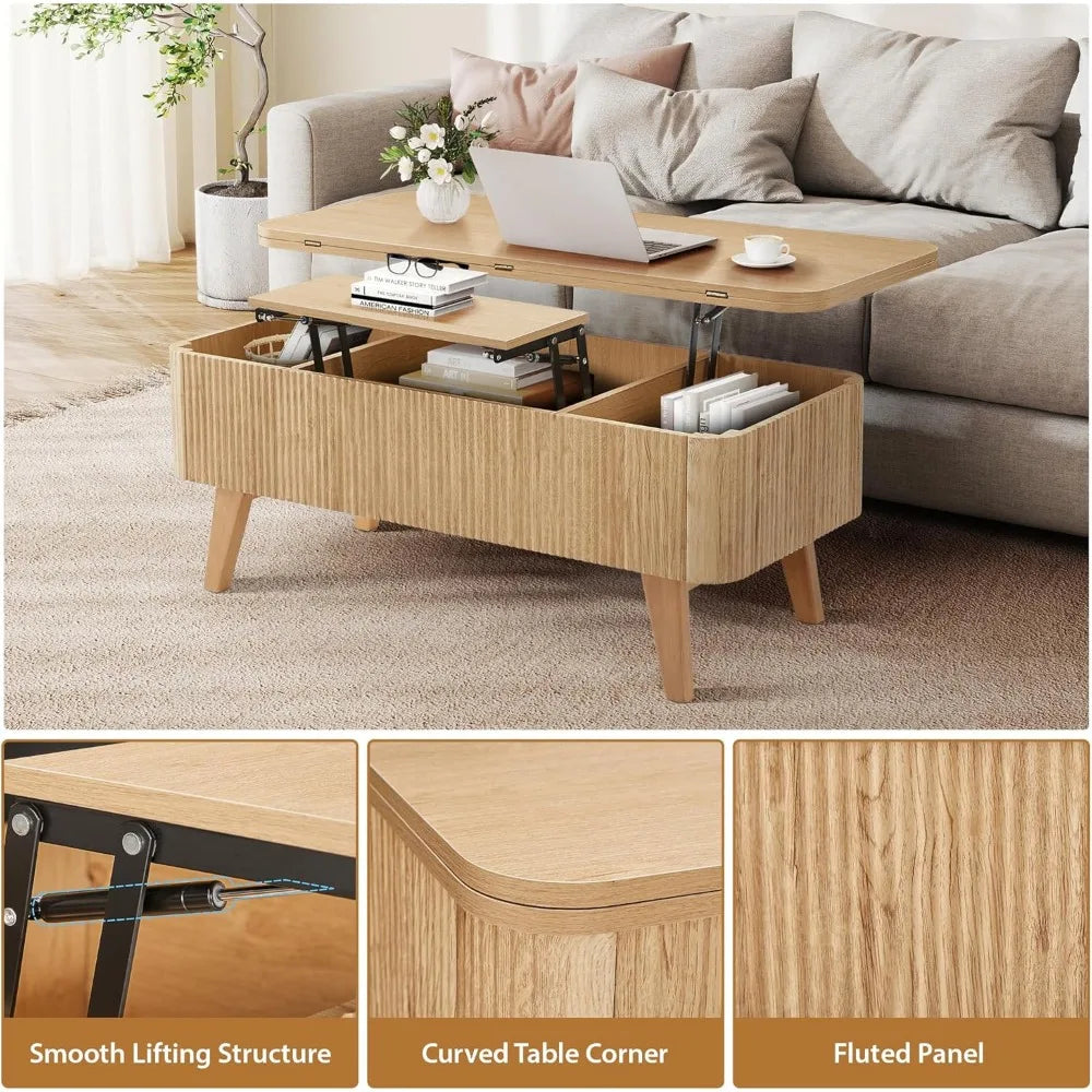 3 in 1 Lift Top Coffee Table, Fluted Convertible Coffee Tables Converts to Dining Tables, Modern Oval Wooden Center Table with S