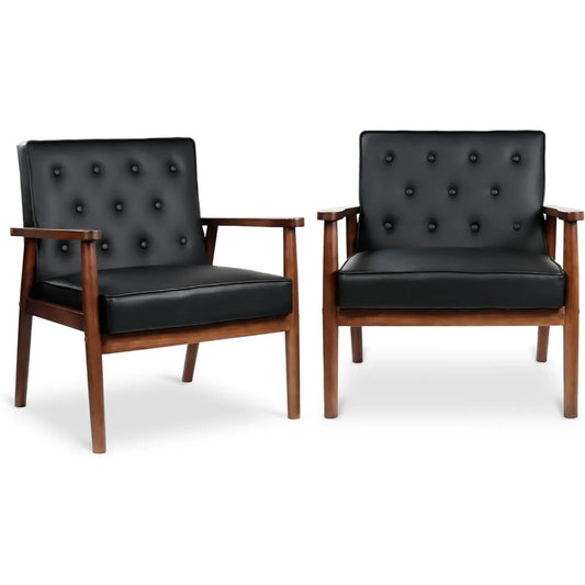 Mid Century Modern Chair, PU Leather Accent Chair Set of 2 with Wood Arms, Living Room Chairs, Reading Armchair for Bedroom, Wa