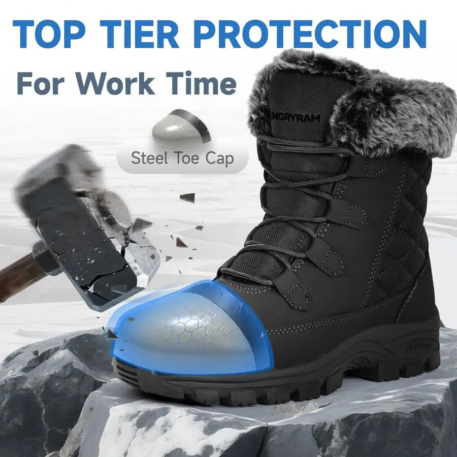 Winter Work Boots for Women Non Slip Warm Insulated Snow Boots Comfortable Faux Fur Mid Calf Safety Toe Furry Snow Shoes