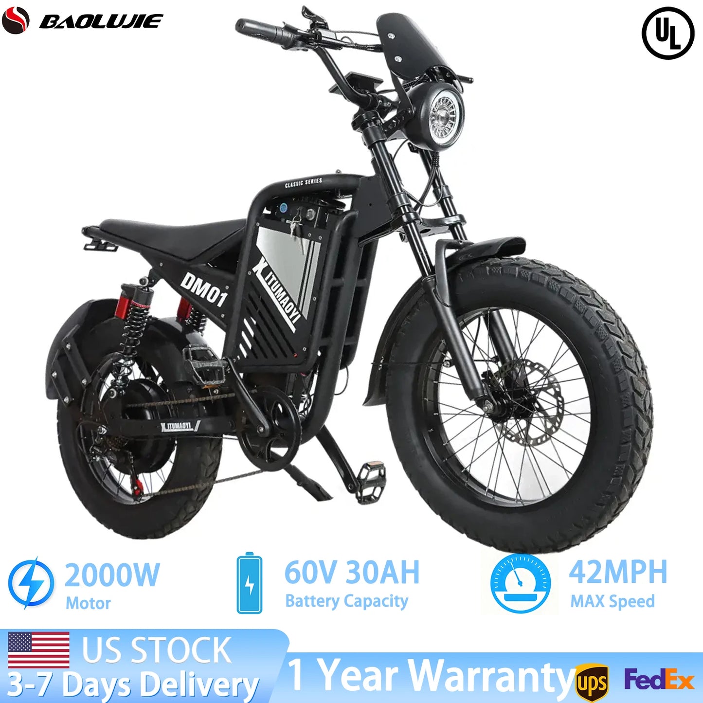 【1 Year Warranty】BAOLUJIE DM01 Moto Electric Bicycle 60V 30AH Battery 42 MPH Electric Bike E-Bike Adult for Electric Motorcycle