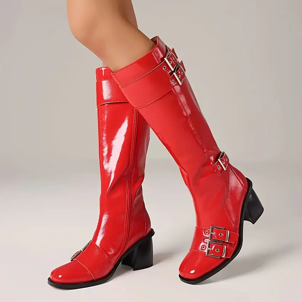 Women'S Motorcycle Knee High Boots Square Toe Chunky Heel Side Zipper Metal Buckle Strap Fashion Punk Dress Fall Winter Shoes