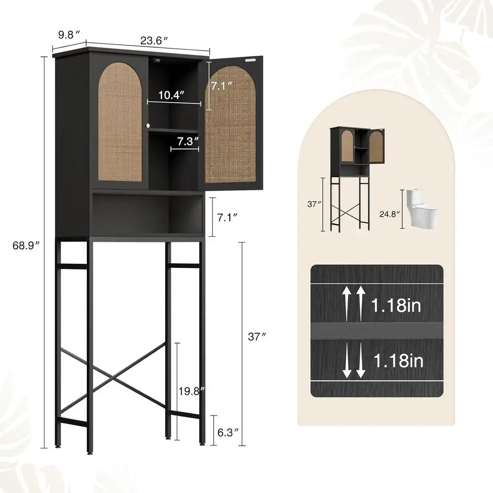 Black Rattan Wood Over-the-Rack Bathroom Storage Cabinet with Adjustable Shelf and Metal Stand