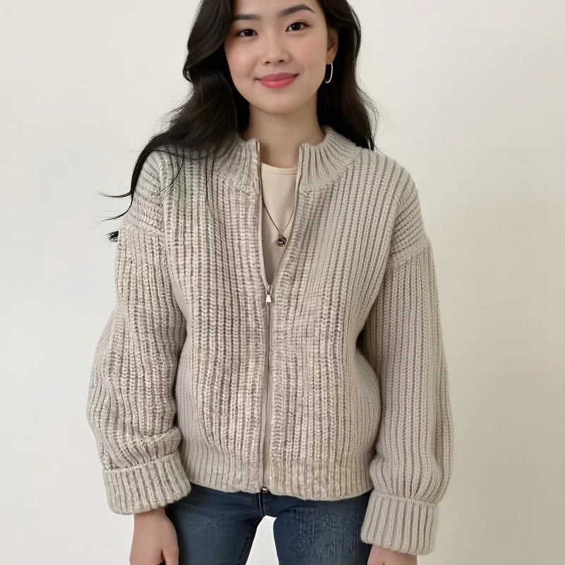 Autumn Elegant Cardigan Zipper Knitwear Winter New Women's Crew Neck Knitted Long sleeved Sweater Solid Color Casual Top