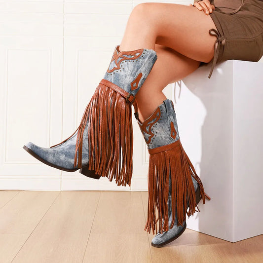 Women's Embroidered Western Cowgirl Boots Fringe Vintage Point Toe Chunky Heels Vintage Cowboy Knee High Boots For Women Farm Ou