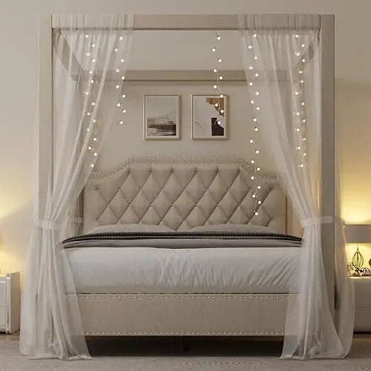 Queen Size Upholstered Button Tufted Canopy Bed Frame with Headboard, Nailhead Trim, No Box Spring Needed