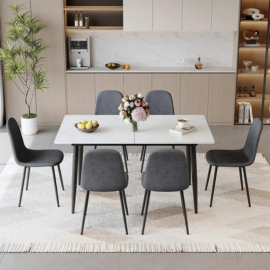 7-Piece Extendable Dining Table Set with 6 Upholstered Chairs, White Kitchen Table and Chairs