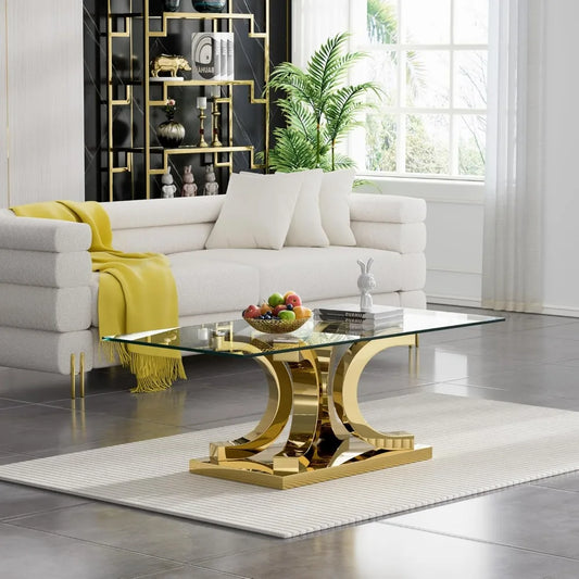 Glass Coffee Table with Gold 4C Stainless Steel Metal Leg, 47" Rectangular Clear Tempered Glass Center Stainless Steel Tea Table